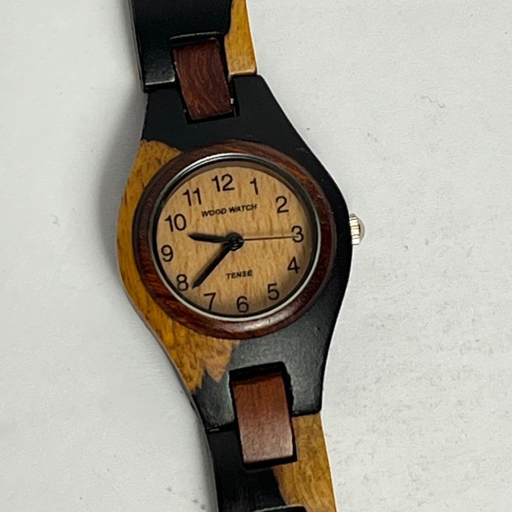 Tense Wood Watch Mens Multi Tone Wooden Link Bracelet Handcrafted Canada Non-Op